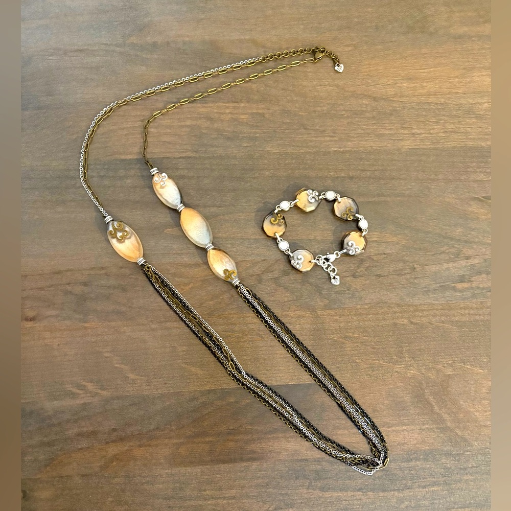 BRIGHTON Set - SHELL SHIMMER Gun Metal Gold Long  necklace and bracelet set